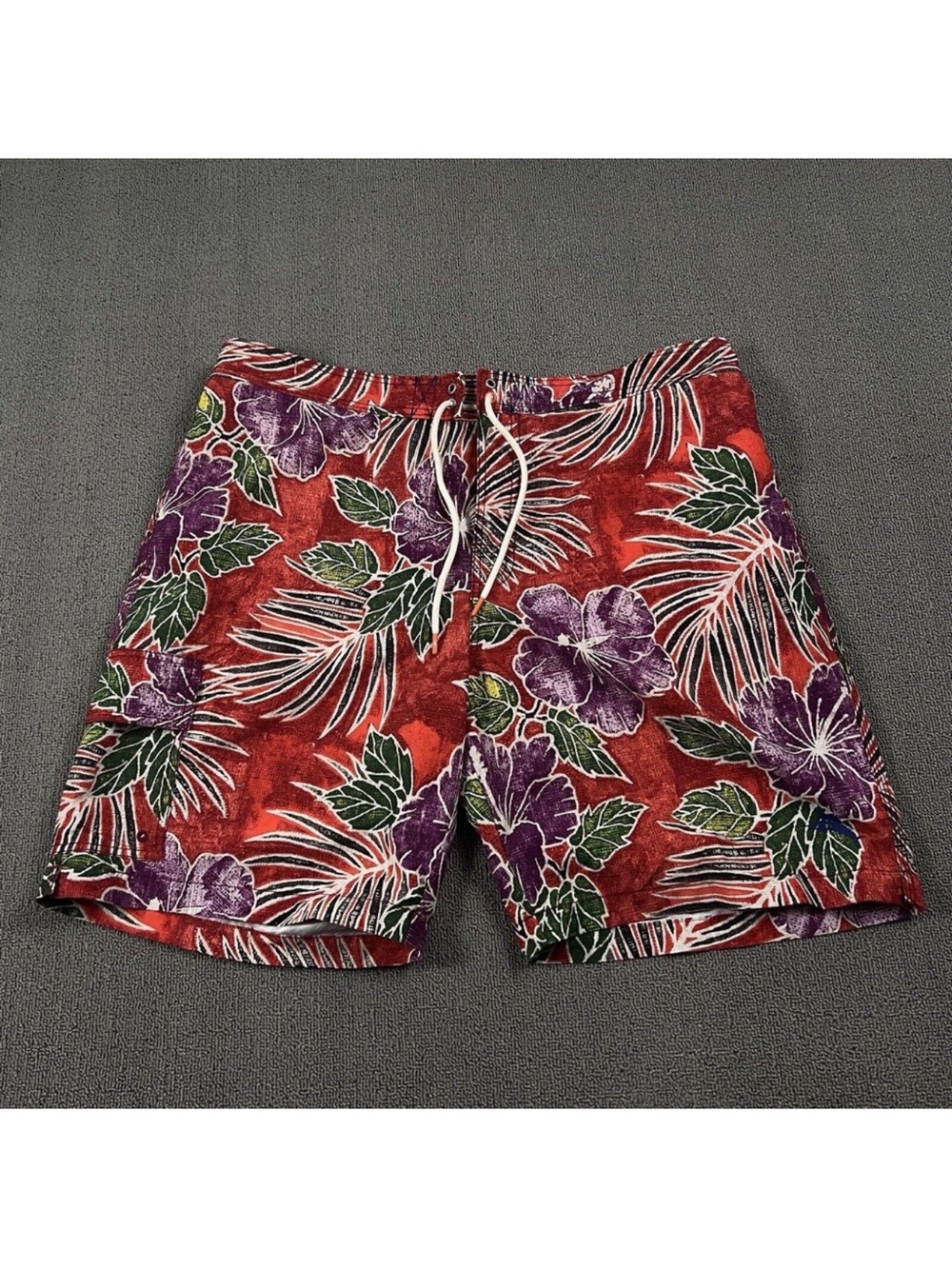 Tommy Bahama Red Floral Swim Board Shorts with Purple Hibiscus